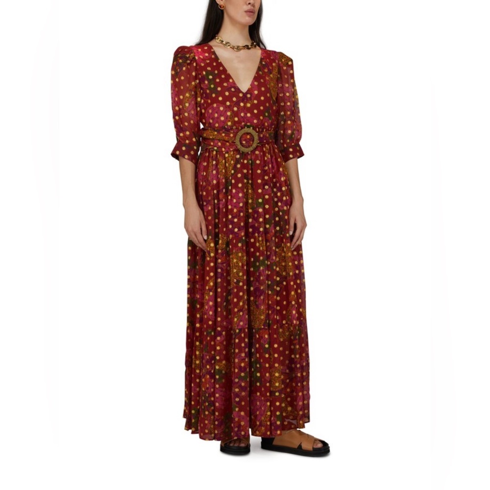 FARM Rio Red Polka Dot Maxi Dress with Gold Accent